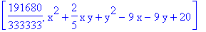 [191680/333333, x^2+2/5*x*y+y^2-9*x-9*y+20]